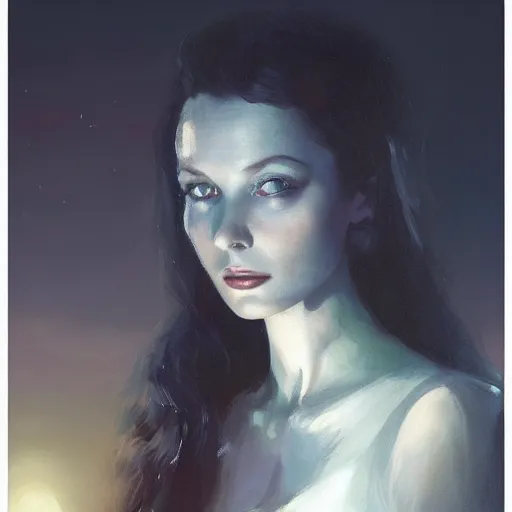 Prompt: closeup portrait of a young vivian leigh, dramatic lighting, city background, night, moon, chiaroscuro, complementary contrast, high detail, painted by greg rutkowski, painted by igor kieryluk, painted by bobby chiu, trending on artstation