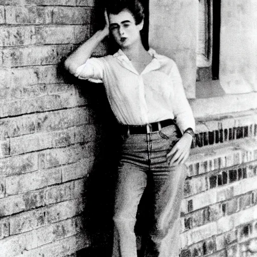 Prompt: James Dean as a girl, leaning against a wall in the 1950s