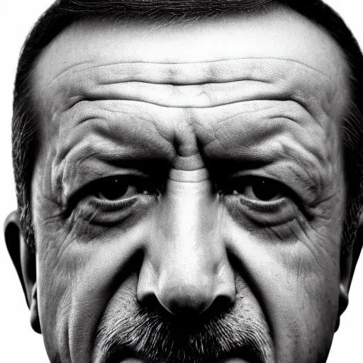 Image similar to Portrait of Recep Tayyib Erdoğan, close-up, very detailed facial features, by Martin Schoeller