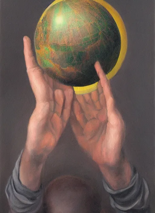 Image similar to a painting of a man holding a globe in his hands, a surrealist painting by Szymon Kot, deviantart, metaphysical painting, oil on canvas, surrealist, dystopian art,