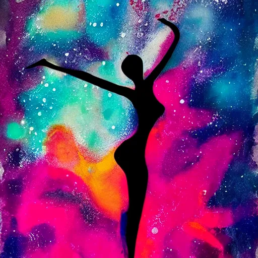 Image similar to abstract ink and acrylic painting, ink drawing shape of a dancing beautiful woman silhouette!, pouring, sprays, nebulae colors, black dark blue purple and pink color scheme, curves, starfield, artstation, pinterest