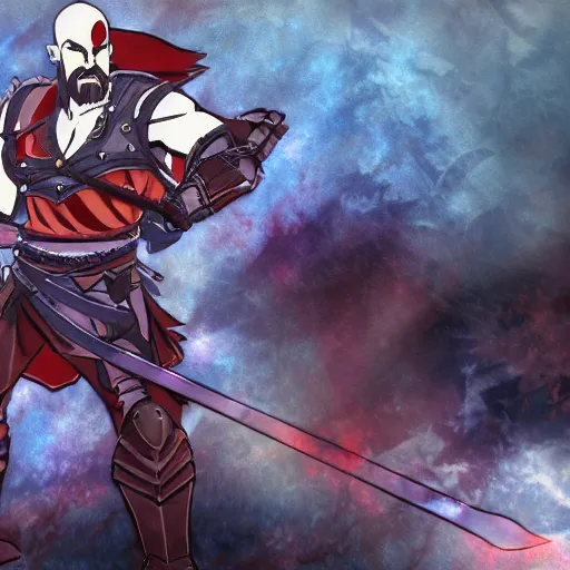 Image similar to kratos in the game hades, still from the game, cel shaded, animestyle