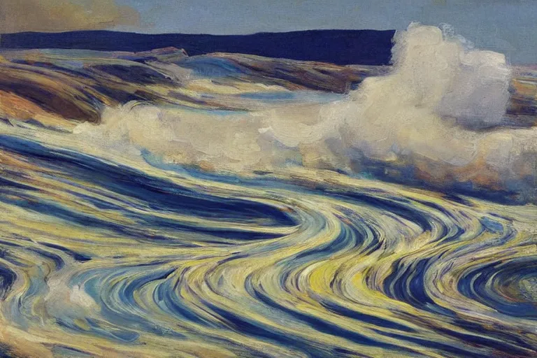 Image similar to Landscape painting. Organic. Winding rushing water. Waves. Clouds. Wayne Thiebaud