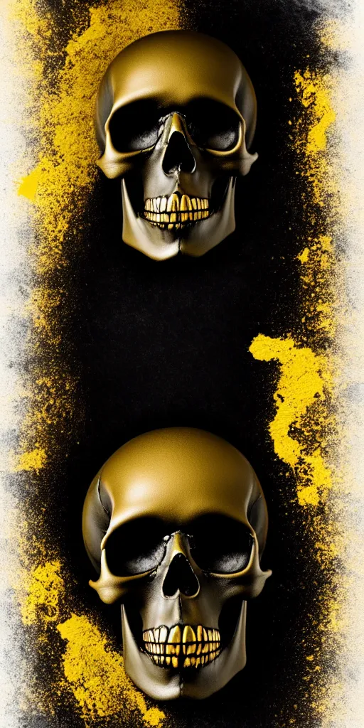 Image similar to a matte black skull that is split in half and has liquid gold paint dripping over it, with an art deco boarder, high quality, photo realistic, studio lighting