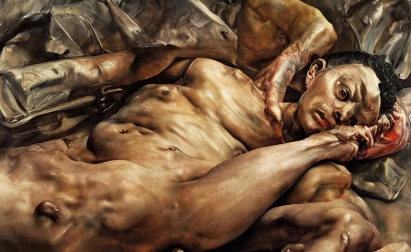 Image similar to high quality high detail painting by lucian freud and frank frazetta and jenny saville, hd, depressing, muted colors, cinematic