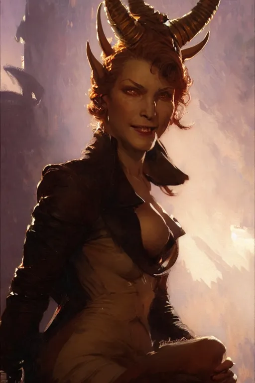 Prompt: well dressed woman in a business suit with a sly smile and demon horns portrait dnd, painting by gaston bussiere, craig mullins, greg rutkowski, yoji shinkawa