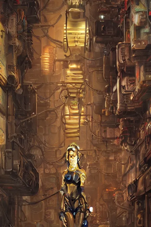 Image similar to a highly detailed retro futuristic female android with gears and other mechanical parts made out of pasta standing in a dank alleyway from blade runner, a robot made out of pasta, painting by Marc Simonetti and Julie Bell