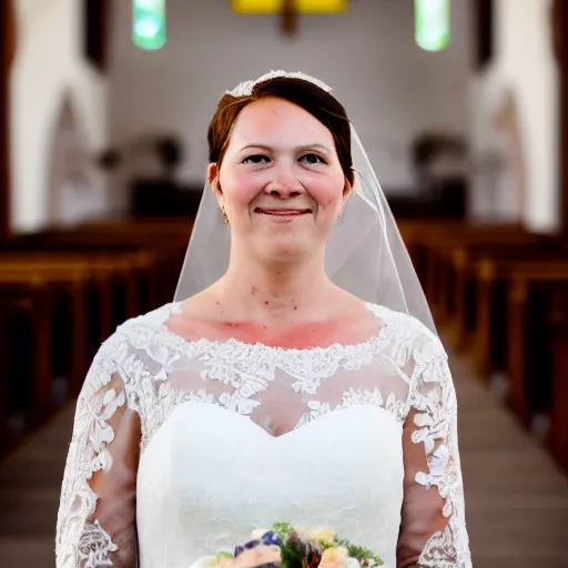 Prompt: a close up portrait of a woman in a wedding dress standing at a church alter