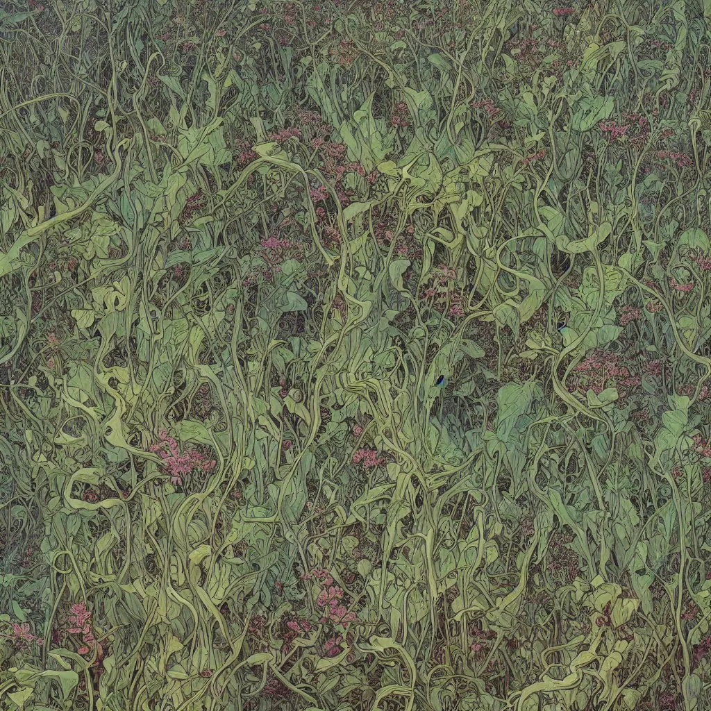 Prompt: seamless pattern of fractal plants, by daniel - by greg rutkowski and raymond swanland hr giger and zdzislaw beksinski and alphonse mucha and moebius, matte painting, hyperdetailed, symmetry, art nouveau, beautiful render, concept art