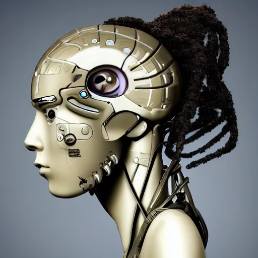 Prompt: A female cyborg head facing towards the right with flowing hair that looks like a bonsai tree