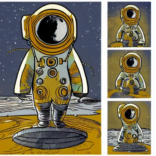 Prompt: Alexander Jansson style, vintage astronaut taking photos