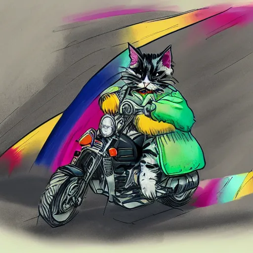 Image similar to wide angle full body, jacket wearing fluffy cute rainbow kitten wearing a black leather motorcycle jacket, riding on a motorcycle, cinematic concept art