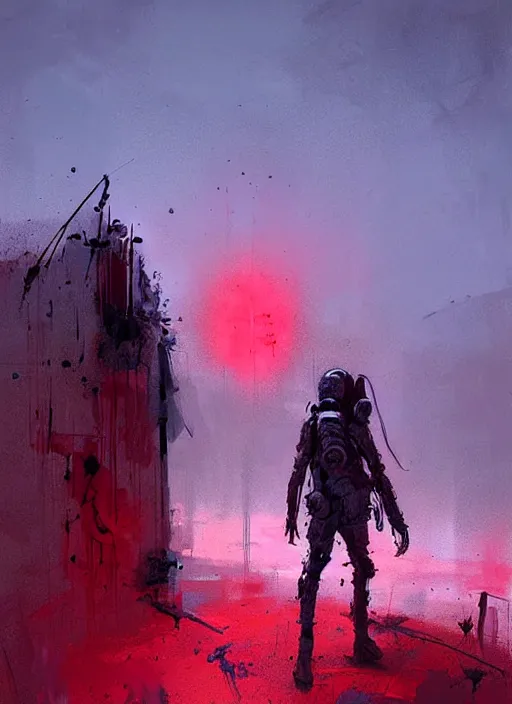 Prompt: horror art, meta - human troopers in a muddy trench, red vortex sky in the background, art by ismail inceoglu