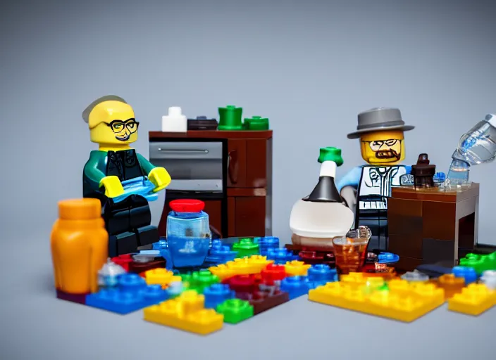 Image similar to product photo still of walter white breaking bad meth lab lego playset, 8 k, 1 2 0 mm macro, f 1. 8, studio lighting, key light