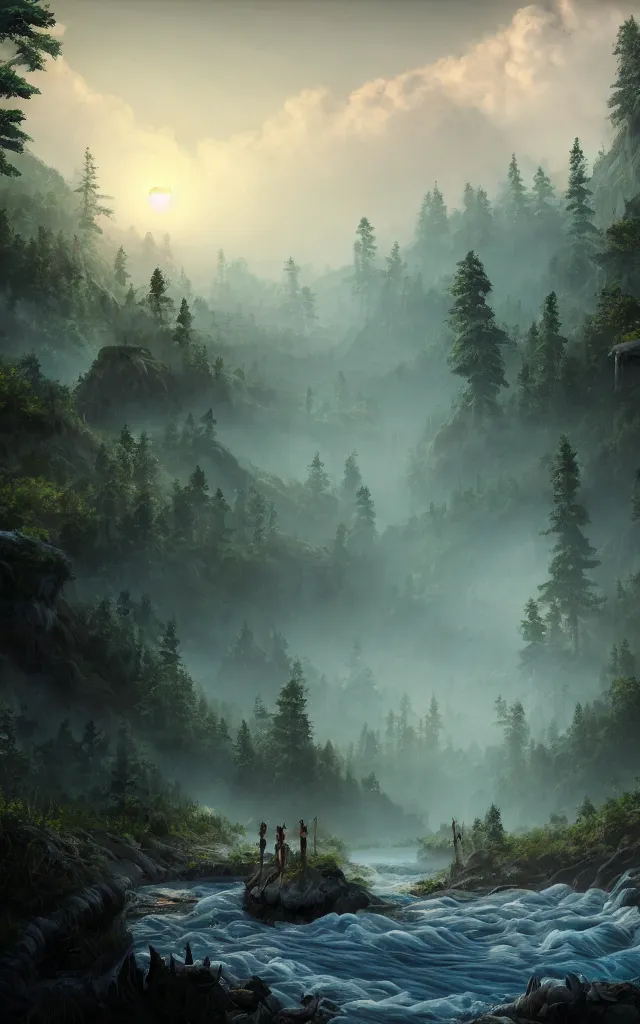 Image similar to beautiful and immersive forgotten society of natives, large totems, gloomy forest surrounding, blood rivers flowing through beach, visual novel key visual, award - winning digital art on pixiv, trending on artstation - cinematic lighting, dramatic lighting, stunning and beautiful scenery - highly detailed, hyperrealistic, unreal engine 5, in the style of kingdom hearts