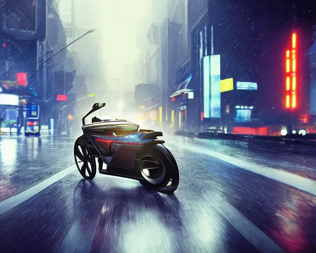 Prompt: beautiful Product shot film still of a blade runner futuristic modern electric tron style motorcycle speeding down a wet street at night in cyperpunk city, motion, hard surface modeling, blade runner, octane, Ian Callum, Giorgetto Giugiaro, Leonardo Fioravanti , low polygon, chrome, trending on artstation, art by Karol Bak, Karol bak pastiche by Peter Mohrbacher, unreal, redshift, 3d model, 8k