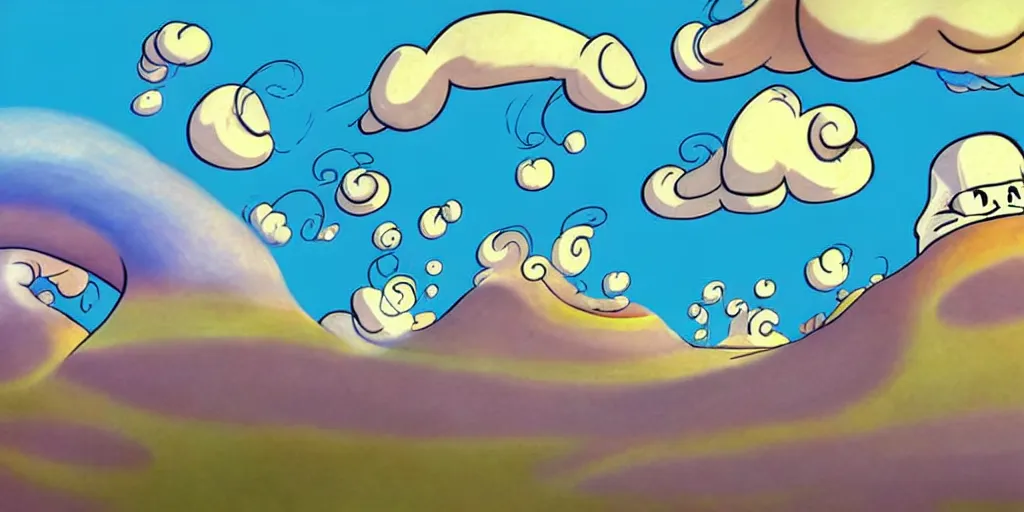 Image similar to chubby cartoon concept art, spiral clouds sky, from sam and max