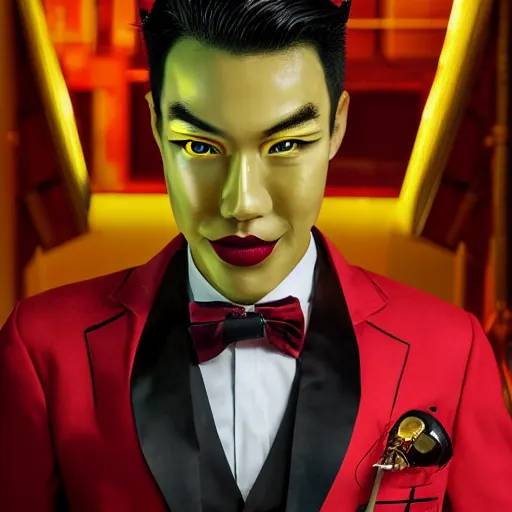 Image similar to portrait of a male cyborg bartender, chinese, slick brushed - back hair, half - robot half - human, red velvet mao suit, golden ascot, steampunk monocle, in a dark bar lit by floating lights, post - impressionist