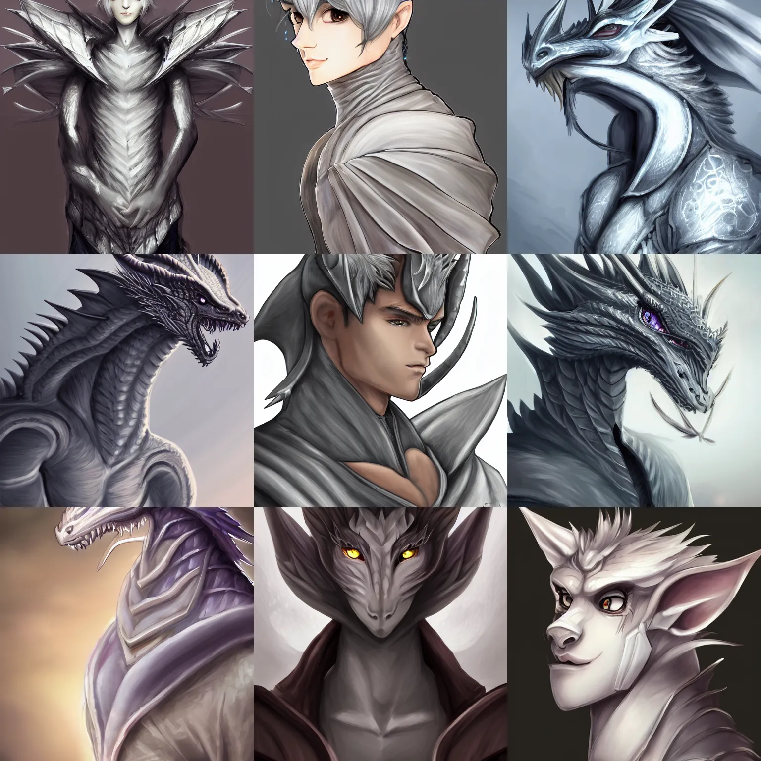 Prompt: very very beautiful half body side angle portrait of a male anthropomorphic silver dragon, soft delicate draconic features, cute eyes, eyelashes, wearing a luxurious silk cloak, commission on furaffinity, artstation, high quality digital art, warm colors