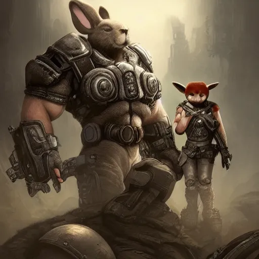 Prompt: cute little anthropomorphic Rabbit and a cool looking Wolf in Gears of War cover art, ultra wide lens shot , tiny, small, rage, short, cute and adorable, scary, brutal, pretty, beautiful, DnD character art portrait, matte fantasy painting, DeviantArt Artstation, by Jason Felix by Steve Argyle by Tyler Jacobson by Peter Mohrbacher, cinematic lighting