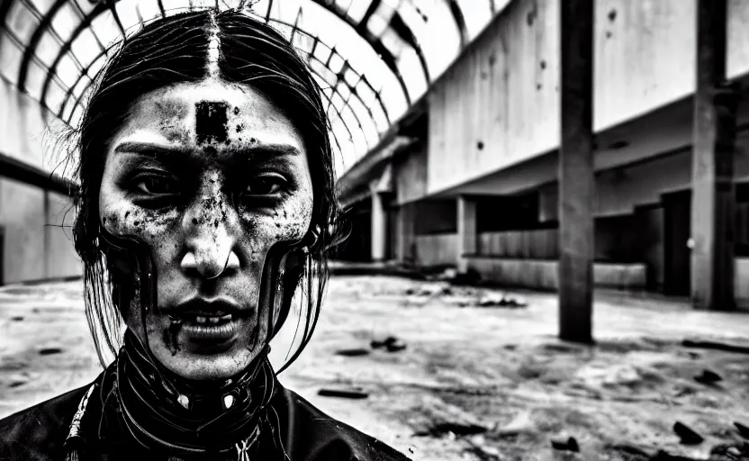 Image similar to cinestill 5 0 d candid photographic portrait by stanley kubrick of dichen lachman as a cyborg wearing rugged black mesh techwear on a dirtbike through an abandoned mall, extreme closeup, modern cyberpunk moody emotional cinematic, snow storm god rays, 8 k, hd, high resolution, 3 5 mm, f / 3 2, ultra realistic faces, ex machina