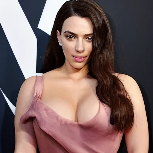 Image similar to a woman who is a genetic combination of kim kardashian and kat dennings and scarlett johansson and margot robbie and emma watson, face and upper - body focus