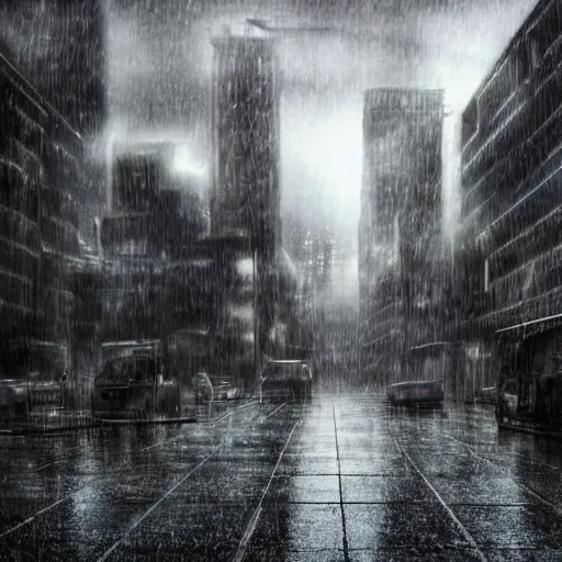 Prompt: dystopian city scape dark,gloomy, raining