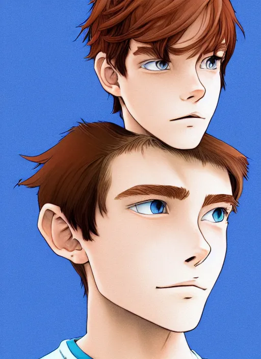 Image similar to portrait of a teen boy with completely straight auburn hair, light blue eyes, pale skin, freckles, sad expression, t - shirt, modern casual clothing, natural lighting, path traced, highly detailed, high quality, cartoon, digital painting, by don bluth and ross tran and studio ghibli