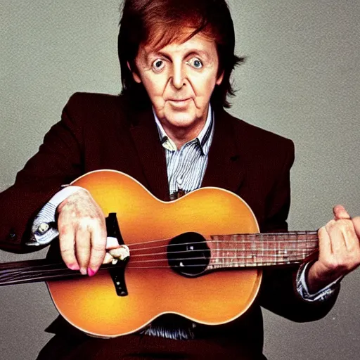 Image similar to Paul McCartney playing a Beetle guitar, 8k, high definition, highly detailed, photo-realistic