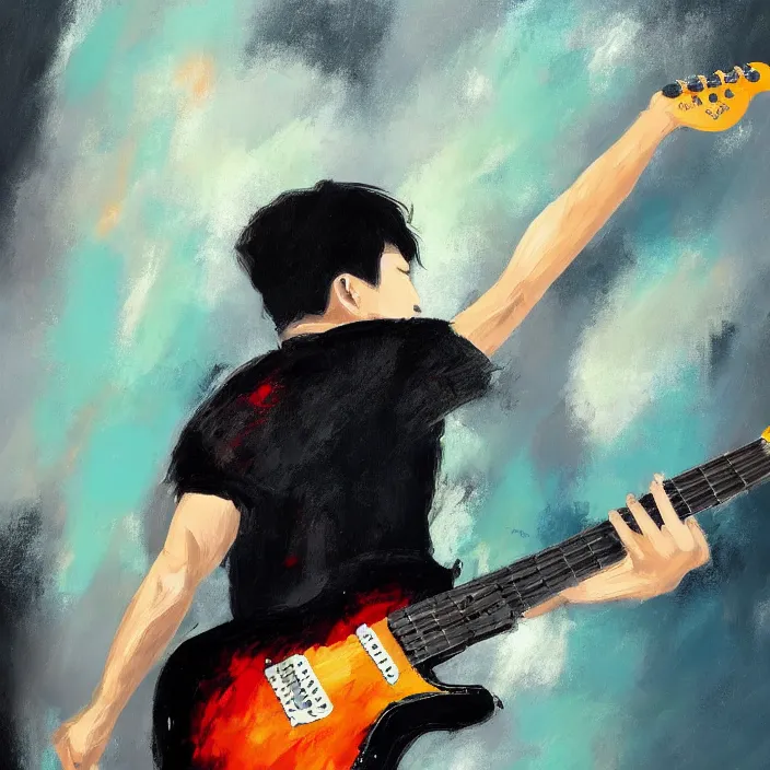 Image similar to large brush abstract! painting candid view of a young korean male musician wearing stylish black v neck t shirt holding a telecaster!!! electric guitar!!, thick flowing dramatic brush strokes, dark matte colors, abstract, impressionist, motion, trending on artstation