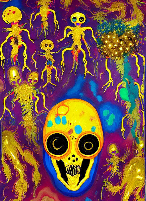 Image similar to expressionistic decollage painting golden armor alien zombie ghost rider in medical mask on a translucent bone maggot dragon broken rainbow diamond horse in a meadow with colorful mushrooms and golden foil toad blobs in a golden sunset painted by adrian ghenie, francis bacon, daniel richter and hilma af klint, pixel art, buff painting, color field painting, low effort graffiti, rich deep colors, semi naive. Mark Rothko painting, part by Philip Guston and Frank Stella art by Barnett Newman, 8k, extreme detail, intricate detail, masterpiece