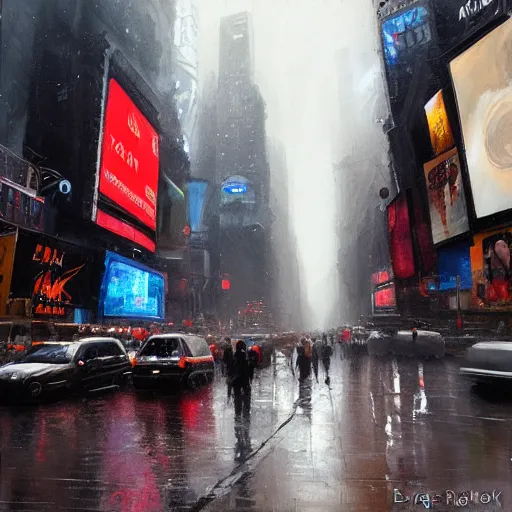 Prompt: Greg Rutkowski oil painting of a wet Times Square