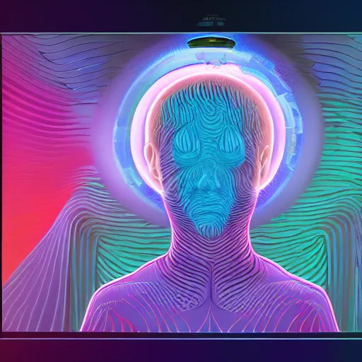 Prompt: a young man steps into a computer screen that is opening up to a new dimension filled with mystical technology, 8k, artstation hd, by alex grey and tara mcpherson