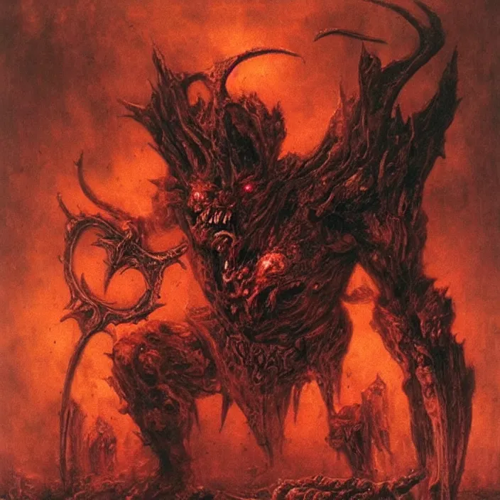 Prompt: demonic berserker in hellish armor, muscular body, demon, balrog, beksinski