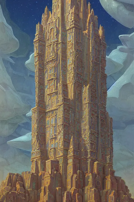 Image similar to the painted tower of the stars, by Sylvain Sarrailh and Nicholas Roerich and jean delville and Tyler Edlin and William Dyce, dramatic cinematic lighting , latticed balconies, beautiful garden, ornate carved architecture, smooth, sharp focus, extremely detailed