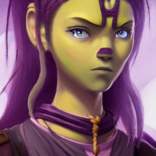 Image similar to A professional digital portrait painting of a D&D druid, painted in the style of Avatar: The Last Airbender, 4k, digital art, trending on cgsociety, highly detailed, upper body shot, shallow depth of field, purple and yellow lighting, professional lighting, airbrush,