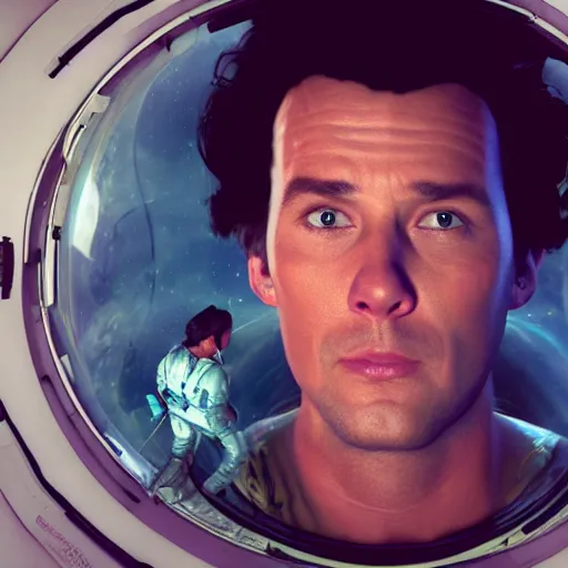 Image similar to hyperrealistic film still of ace ventura peeking through window, spacecraft in space, stunning 3 d render, inspired by istvan sandorfi & greg rutkowski & unreal engine, perfect facial symmetry, dim volumetric cinematic lighting, 8 k octane comprehensive render, extremely hyper - detailed, incredibly lifelike attributes, intricate, real flesh texture, masterpiece, artstation, stunning,