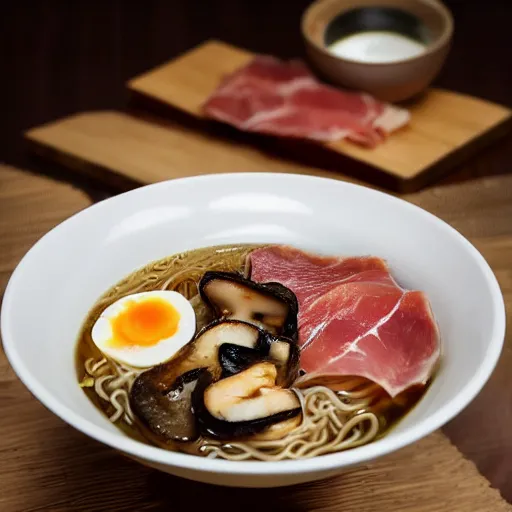 Prompt: ramen bowl with prosciutto e funghi inside, commercial photograph