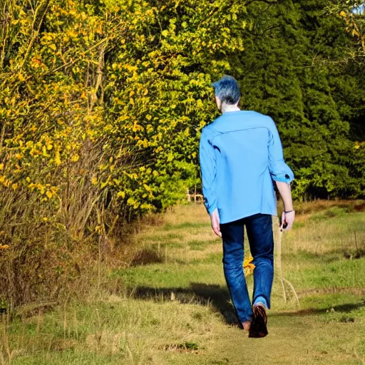 Prompt: guy in blue jack walking in a field
