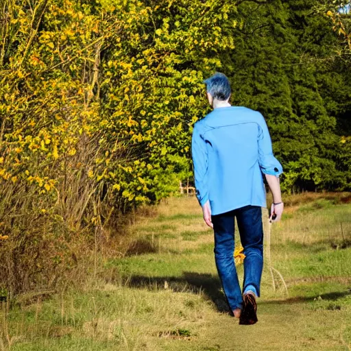 Image similar to guy in blue jack walking in a field