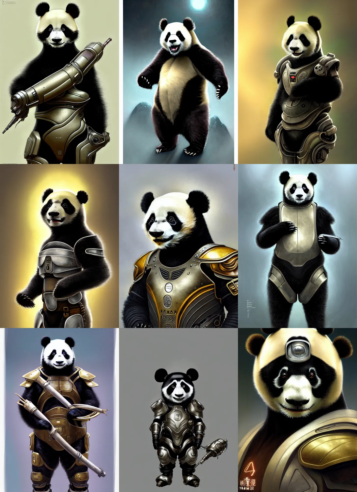 Prompt: a anthropomorphic panda wearing scifi armor, diffuse lighting, fantasy, intricate, elegant, highly detailed, lifelike, photorealistic, digital painting, artstation, illustration, concept art, smooth, sharp focus, art by John Collier and Albert Aublet and Krenz Cushart and Artem Demura and Alphonse Mucha and Greg Rutkowski and Greg Staples