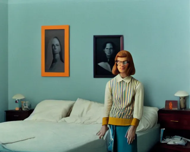 Image similar to a woman standing in a bedroom next to a bed, a colorized photo by Wes Anderson and Wilhelm Sasnal, tumblr, precisionism, 1970s, matte photo, provia , movie still
