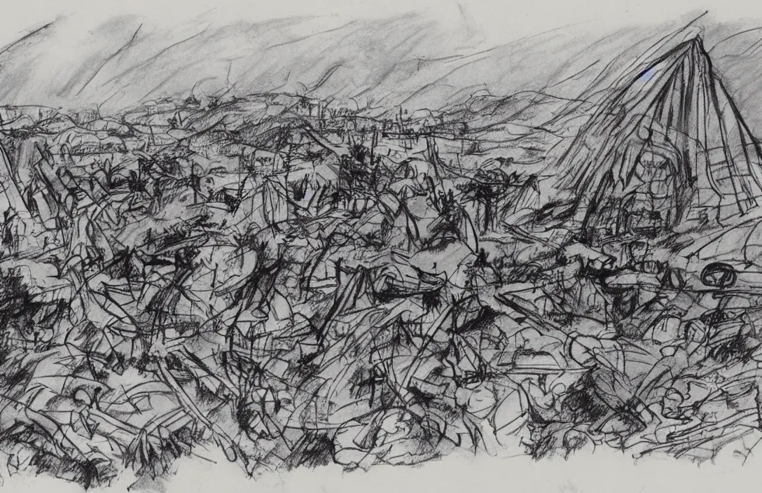 Image similar to milt kahl sketch of world war 1 trenches with the city of miami in the background