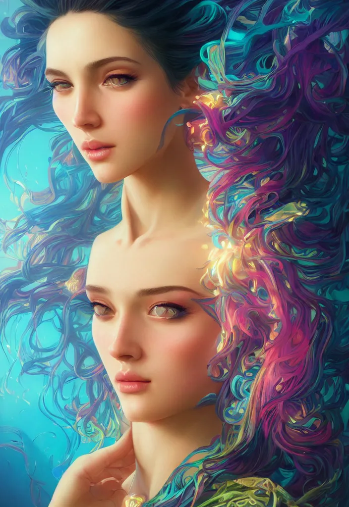 Image similar to beautiful, young woman, detailed gorgeous face, vaporwave aesthetic, synthwave, colorful, psychedelic, artstation, concept art, smooth, extremely sharp detail, finely tuned detail, ultra high definition, 8 k, unreal engine 5, ultra sharp focus, illustration, art by artgerm and greg rutkowski and alphonse mucha