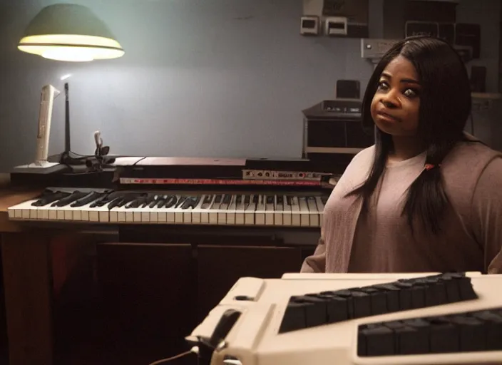 Image similar to cinematic shot of octavia spencer in an small used electronics store hands on an old electronic keyboard, iconic scene from the paranoid thriller sci fi film directed by pt anderson, anamorphic lens, beautiful composition, moody dark overhead lighting, color theory, leading lines, photorealistic, volumetric lighting, kodak film stock, hyper detailed 4 k image,