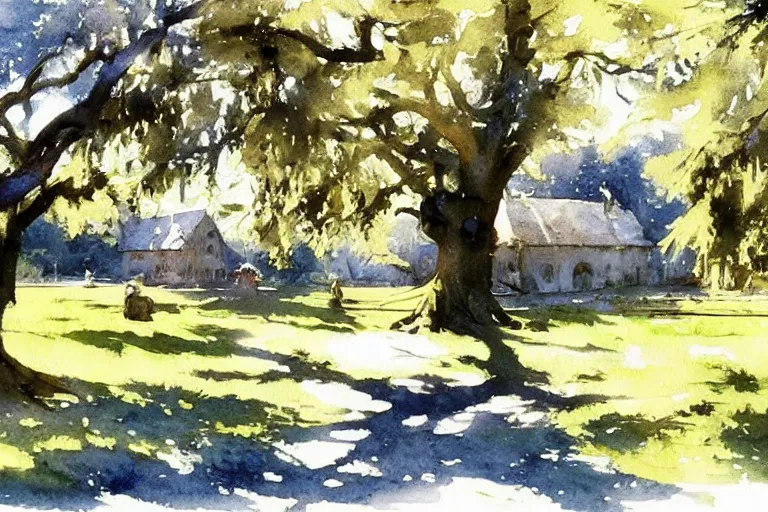 Prompt: small centered on watercolor paper, paint brush strokes, abstract watercolor painting of ancient viking house in city park, palm and oak trees, sunshine though foliage, translucent leaves, cinematic light, national romanticism by hans dahl, by jesper ejsing, by anders zorn, by greg rutkowski, by greg manchess, by tyler edlin