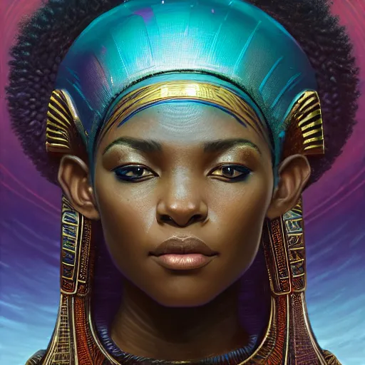 Image similar to highly detailed portrait of an african egyptian goddess, intricate alien technology, stephen bliss, unreal engine, fantasy art by greg rutkowski, loish, rhads, ferdinand knab, makoto shinkai and lois van baarle, ilya kuvshinov, rossdraws, tom bagshaw, global illumination, radiant light, detailed and intricate environment