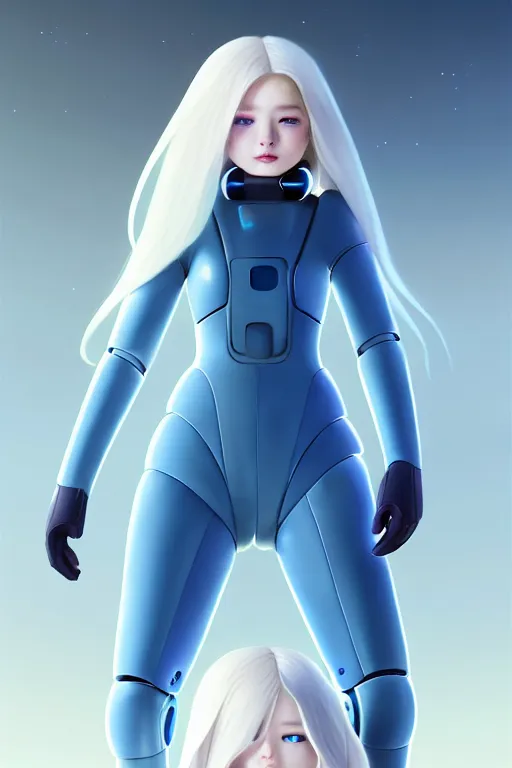 Image similar to perfect family android women dressed with explorer suit, artgem, scifi, futuristic design, bae suzy, long white hair!!!, blue eyes,, full body character design, cinematic lighting, highly detailed, artstation, divine, by huifeng huang, beeple, goro fujita, smooth gradient.