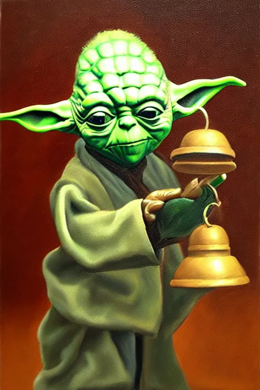 Prompt: old oil painting of a yoda holding a round bell, trending on artstation