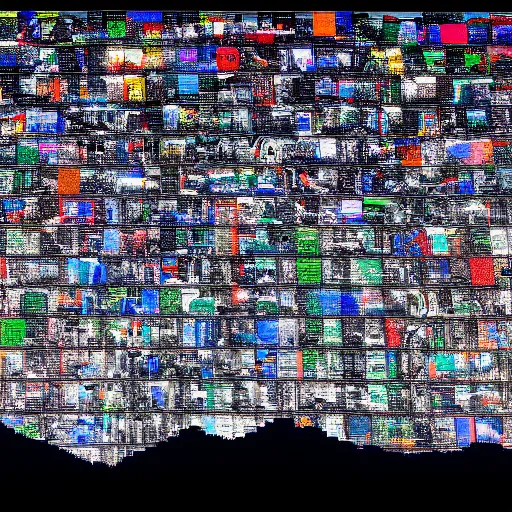 Image similar to a mountain made out of computer screens that display bitcoin logos, cinematic, post apocalyptic landscape, harsh contrast lighting, in the style of photorealism, made by richard estes robert cottingham gerhard richter robert longo ellen altfest